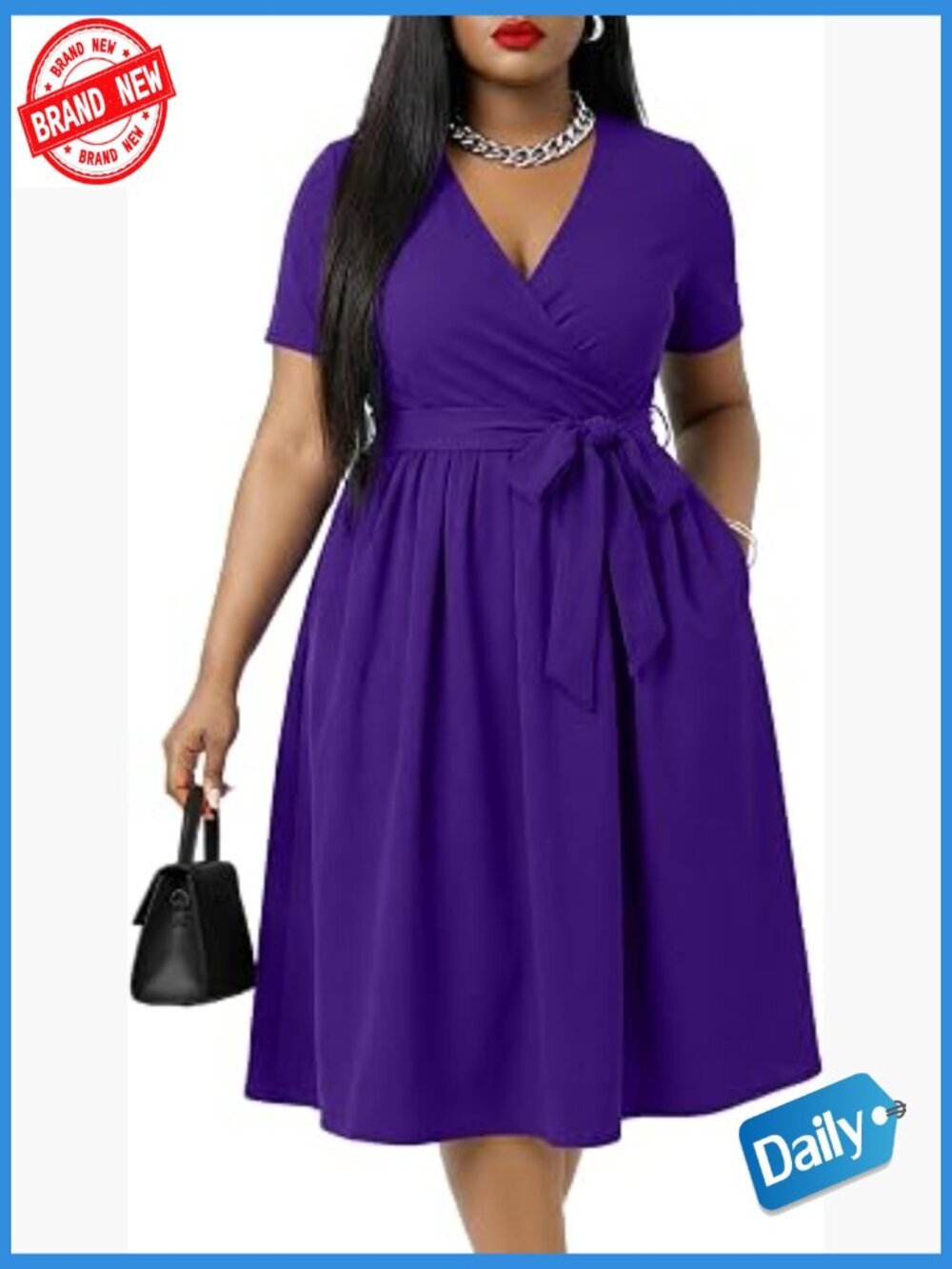 Plus Size Midi Dress, V Neck Short Sleeve Wrap Dress with Belt Pockets
